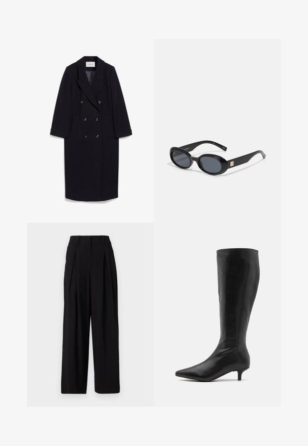 Cappotto navy a doppio petto realizzato in misto lana, con ampi revers, quattro tasche frontali e tre bottoni neri sul davanti.; Pull in maglina blu navy con scollo a V, maniche lunghe e polsini e orlo a coste. Tessuto a maglia, vestibilità comoda. Abbinato a jeans blu.; Maglietta bianca in cotone con maniche corte, collo rotondo e tessuto liscio. Il retro è semplice, senza motivi o disegni aggiuntivi.; Pantaloni neri a gamba larga realizzati in tessuto morbido, con vita alta, pieghe sul davanti e una silhouette fluida.; RAID ALPINE - Stivali alti - black; Occhiali da sole ovali neri con lenti scure, montatura in plastica lucida, aste larghe e un piccolo accent in oro su un lato.