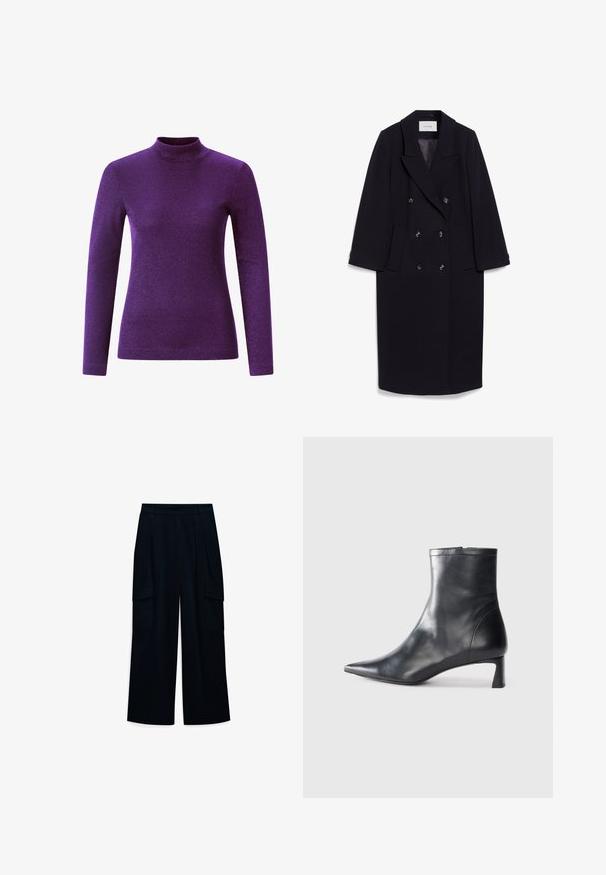 Marineblauer doppelt gefütterter Mantel aus Wool-Blend, ausgestattet mit breiten Revers, vier Fronttaschen und drei schwarzen Knöpfen auf der Vorderseite.; Lila Langarm-Turtleneck-Oberteil aus einem strukturierten, glänzenden Material, das über ein tailliertes Design und einen hohen Halskragen verfügt.; Weite, hochtaillierte Hose aus dunkelblauem Stoff. Mit Falten und zwei seitlichen Cargo-Taschen. Glatte Textur mit einem schlichten Design.; Schwarze Lederstiefelette mit spitzer Zehe und schlankem Design. Verfügt über einen niedrigen Absatz und einen Reißverschluss hinten. Glatte Textur.