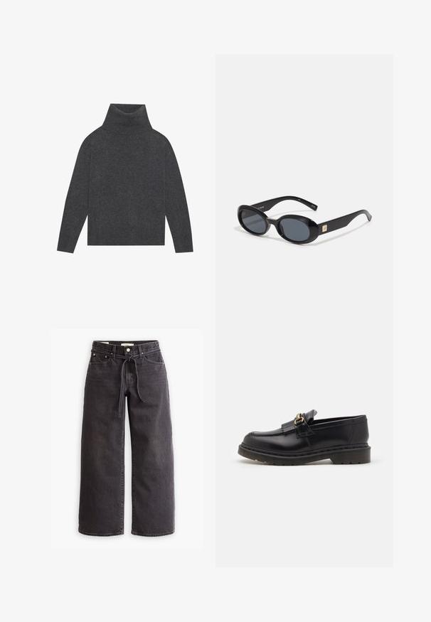 Marineblauw dubbelbreasted jasje van een wolmix, met brede revers, vier voorzakken en drie zwarte knopen aan de voorkant.; Grijze coltrui van een zachte, gestructureerde brei. Heeft lange mouwen en een ontspannen, boxy vorm met een geribde zoom en boorden.; Zwarte wijde denim jeans met een trekkoord in de taille, vijf zakken en contrasterende stiksels. Platte voorkant.; Zwarte leren instappers met een ronde neus, decoratieve franjes en gouden hardwareaccenten. Dikke rubberen zool voor extra grip en duurzaamheid.; Zwarte ovale zonnebril met donkere lenzen, glanzend kunststof frame, brede zijkanten en een kleine gouden accent aan de zijkant.; Zwarte leren hobo tas met een zachte, gebogen vorm. Heeft een brede bovenhandgreep en plooien aan de onderkant voor een slappe textuur.; Zwarte leren handschoenen met drie duidelijke vingersecties, knoopsluiting en een gestructureerde binnenvoering voor extra warmte.