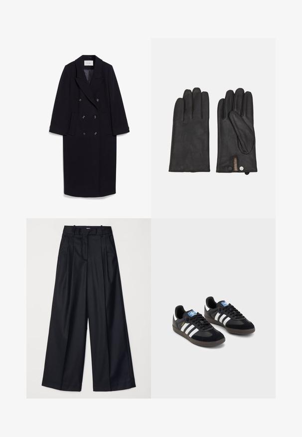 Manteau bleu marine croisé en mélange de laine, avec de larges revers, quatre poches avant et trois boutons noirs sur le devant.; T-shirt blanc à manches courtes en coton. Doté d'un col ras du cou et d'une coupe décontractée. Texture lisse sans motifs ni accents visibles.; Pantalons noirs à jambes larges en tissu lisse, dotés d'une taille haute, de plis et d'une coupe ajustée. Quincaillerie noire simple à la taille.; Des baskets noires avec une tige en suède et en matériaux synthétiques, dotées de trois rayures blanches, d'une semelle en caoutchouc texturé et d'une étiquette de logo bleue sur la languette.; Gants en cuir noir avec trois sections de doigts distinctes, fermeture à bouton et doublure intérieure texturée pour plus de chaleur.