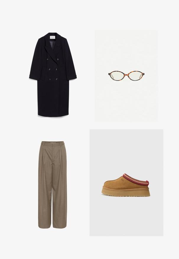 Mornarski dvostruko zatvoren kaput od vune, sa širokim reverima, četiri prednja džepa i tri crna dugmeta sprijeda.; Bijela majica kratkih rukava od pamuka. Ima okrugli izrez i opušteni kroj. Glatka tekstura bez vidljivih uzoraka ili naglasaka.; Hlače širokog kroja s naborima od svijetlosmeđeg materijala, s izrađenim pojasom i glatkom teksturom, dizajnirane za udobnost i svestranost.; Smeđe zamšaste cipele na sklizanje s crveno-cream uzorkom oko ruba, teksturiranim potplatom i UGG logom sa strane. Imaju blagu platformu.; Naočale u boji kornjače s ovalnim staklima i elegantnim, glatkim završetkom. Imaju tanke strane s suptilnom krivuljom na sljepoočnicama. Prozirna stakla.; Crne kožne rukavice s tri odvojena prsta, kopčom na dugme i teksturiranom unutrašnjošću za dodatnu toplinu.