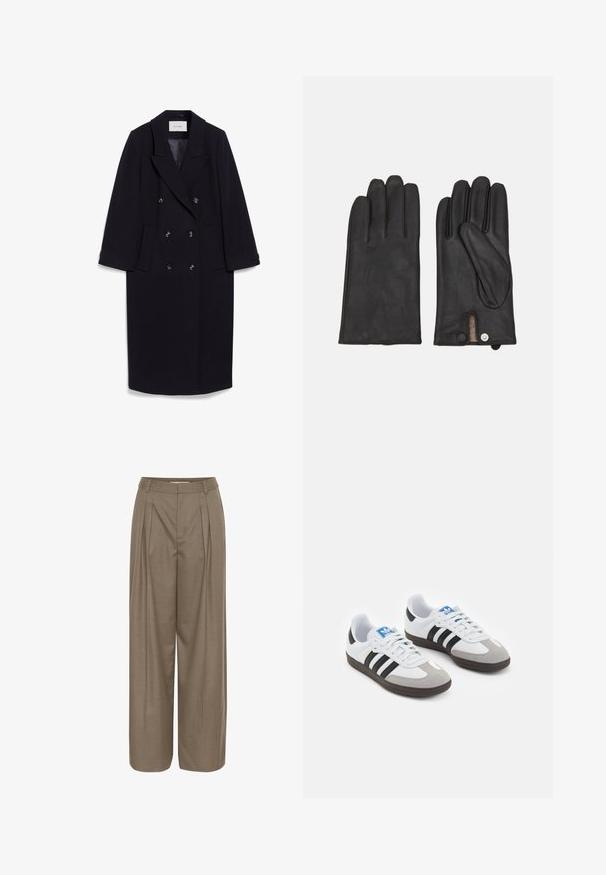 Námořnický dvouřadový kabát vyrobený z vlněné směsi, s širokými klopami, čtyřmi předními kapsami a třemi černými knoflíky na přední straně.; Bílý krátký rukáv tričko vyrobené z bavlny. Má kulatý výstřih a volný střih. Hladký materiál bez viditelných vzorů nebo akcentů.; Plesané široké nohavice ze světle hnědé tkaniny, s pevně strukturovaným pasem a hladkou texturou, navržené pro pohodlí a všestrannost.; Sportovní boty s bílým koženým svrškem, šedou semišovou špičkou a třemi černými pruhy. Obsahují modré logo na jazyku a texturovanou gumovou podrážku.; Černé kožené rukavice se třemi odlišnými prstovými sekcemi, zapínáním na knoflík a texturovanou podšívkou pro zvýšení tepla.