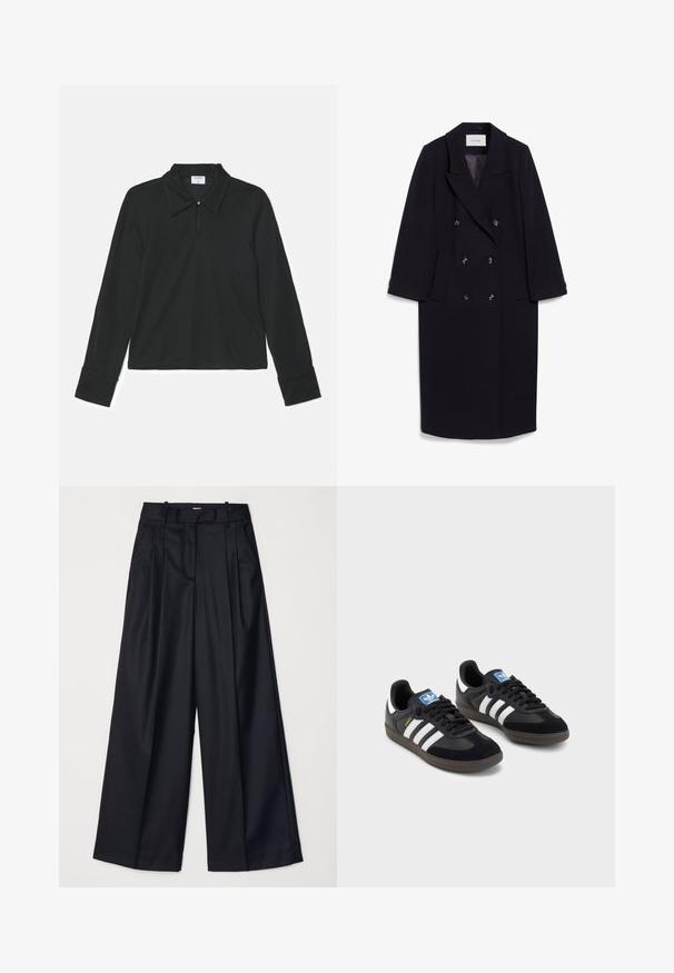 Navy double-breasted coat made of wool blend, featuring wide lapels, four front pockets, and three black buttons on the front.; Black long-sleeve polo shirt featuring a fold-down collar, a button at the neck, and fitted cuffs. Soft fabric with a smooth texture.; Black wide-leg trousers made of smooth fabric, featuring a high waist, pleats, and a tailored design. Simple black hardware at the waist.; Black sneakers with a suede and synthetic upper, featuring three white stripes, textured rubber sole, and blue logo tag on the tongue.