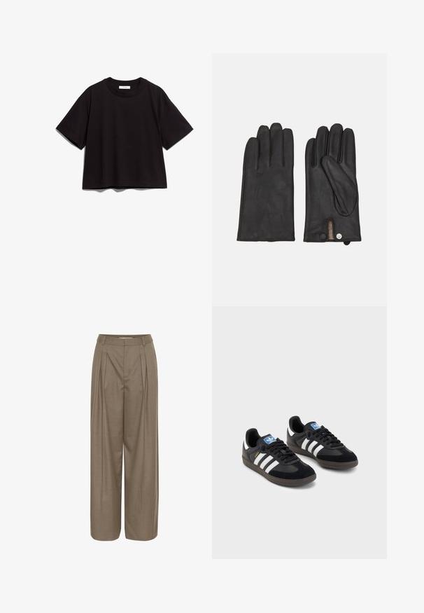 Tumesinine topeltkootud mantel villase segus, millel on laiad kraed, neli esikotti ja kolm musta nuppu ees.; Must musta lühikese varrukaga t-särk ümmarguse kaeluse ja lõdva istuvusega. Omab lihtsat, kaunistamata disaini.; Küljelt pleekitud laiad püksid heleses pruunis kangas, millel on struktureeritud vöökoht ja sile tekstuur, loodud mugavuseks ja mitmekülgsuseks.; Mustad tossud, mille pealseks on seemisnahk ja sünteetilised materjalid, kolme valge triibuga, tekstureeritud kummitald ja sinine logo silt keele peal.; Mustad mustrehanskat, millel on kolm eristuvat sõrmeosa, nööpkinnitus ja tekstureeritud sisepind, et pakkuda lisasoojust.