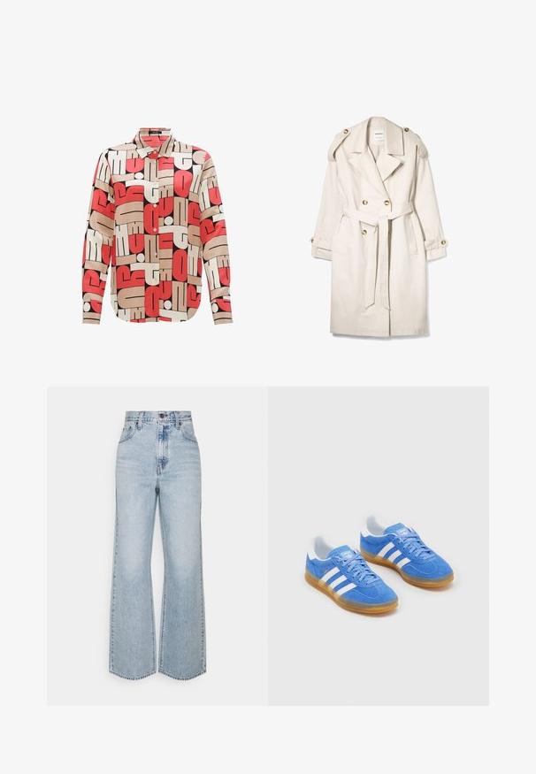 Trench coat beige doppiopetto con cintura, spalline con bottoni e polsini abbottonati, disteso su uno sfondo bianco.; Felpa over-size beige chiaro con una grafica testurizzata "ASPEN COLORADO", caratterizzata da design di montagne e cappuccio con cordino.; Camicia button-up con motivo geometrico in rosso, crema e nero. Realizzata in tessuto morbido con colletto e maniche lunghe.; Jeans a gamba larga in denim azzurro chiaro con vita alta, design classico a cinque tasche e cuciture a contrasto. Dettaglio con orlo grezzo sul fondo.; Scarpe sportive blu in suede con dettagli bianchi a strisce, suola in gomma e colletto imbottito per il comfort. Presentano un classico design con lacci.