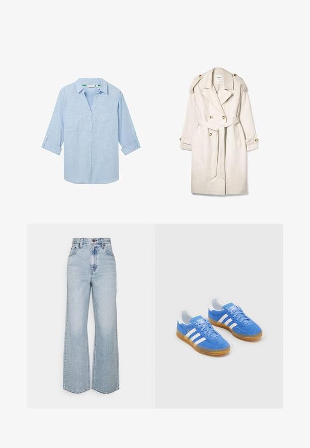 Beige dobbeltradet trench coat med bælte, knappede skulderstropper og knappede manchetter, lagt fladt på en hvid baggrund.; Overdimensioneret lys beige hættetrøje med en tekstureret "ASPEN COLORADO" grafik, der har bjergelementer og en snor til hætten.; Lys blå skjorte med lange ærmer lavet af et struktureret stof. Har to brystlommer og ærmer, der kan rulles op og sikres med stropper. Knap-lukning foran.; Lysblå denim brede ben jeans med høj talje, klassisk fem-lomme design og kontrasterende syninger. Uslebne kanter i bunden.; Blå ruskinds sportsko med hvide stribede detaljer, gummisål og polstret krave for komfort. Har klassisk snørebåndsdesign.