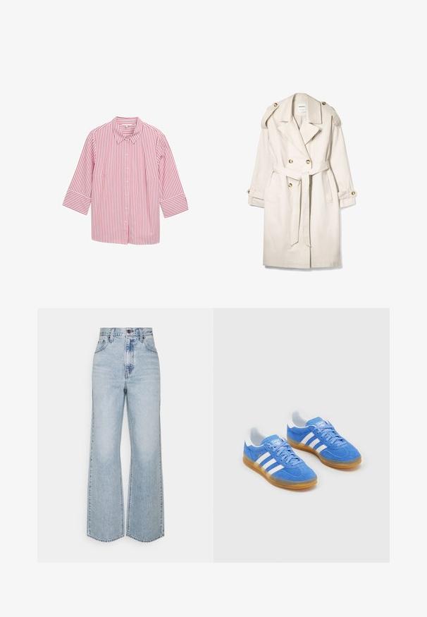 Beżowy płaszcz trench podwójnie zapinany na guziki z paskiem, zapinanymi ramiączkami i mankietami na guziki, ułożony na białym tle.; Przesadnie dużych, jasnobeżowy hoodie z teksturowanym graficznym napisem "ASPEN COLORADO", z motywami górskimi i kapturem ze sznurkiem.; Różowo-biała, w paski, koszula z guzikami, z kołnierzykiem i rękawami o długości trzech ćwiartek, wykonana z gładkiego materiału, z równo rozłożonymi pionowymi paskami.; Jasnoniebieskie dżinsy o szerokich nogawkach z wysokim stanem, klasycznym pięciopocketowym krojem i kontrastowym przeszyciem. Surowe wykończenie u dołu.; Niebieskie zamszowe buty sportowe z białymi paskami, gumową podeszwą i wyściełanym kołnierzem dla większego komfortu. Posiadają klasyczny sznurowany design.