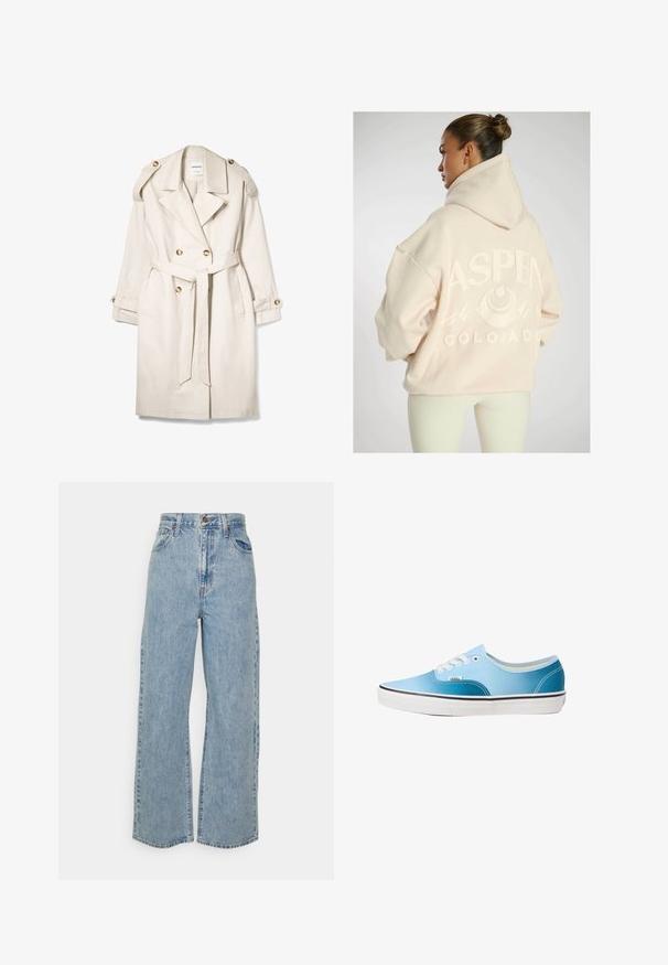 Beige Doppelreiher-Trenchcoat mit einem Gürtel, geknöpften Schulterriemen und geknöpften Manschetten, auf einem weißen Hintergrund flach ausgelegt.; Übergroßer hellbeiger Hoodie mit einem strukturierten "ASPEN COLORADO" Grafik, die Bergdesigns zeigt und eine Kordelzugkapuze hat.; Hellblaue, weit geschnittene Jeans mit hoher Taille, vorderem Knopf, Reißverschluss und Fünf-Taschen-Design auf neutralem Hintergrund.; Vans AUTHENTIC - Sneaker low - blue coral gradient