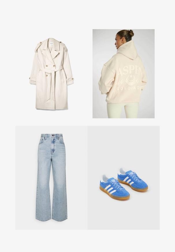 Trench coat beige doppiopetto con cintura, spalline con bottoni e polsini abbottonati, disteso su uno sfondo bianco.; Felpa over-size beige chiaro con una grafica testurizzata "ASPEN COLORADO", caratterizzata da design di montagne e cappuccio con cordino.; Jeans a gamba larga in denim azzurro chiaro con vita alta, design classico a cinque tasche e cuciture a contrasto. Dettaglio con orlo grezzo sul fondo.; Scarpe sportive blu in suede con dettagli bianchi a strisce, suola in gomma e colletto imbottito per il comfort. Presentano un classico design con lacci.