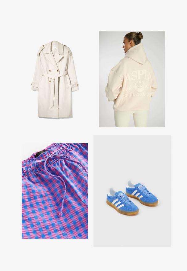 Beige Doppelreiher-Trenchcoat mit einem Gürtel, geknöpften Schulterriemen und geknöpften Manschetten, auf einem weißen Hintergrund flach ausgelegt.; Übergroßer hellbeiger Hoodie mit einem strukturierten "ASPEN COLORADO" Grafik, die Bergdesigns zeigt und eine Kordelzugkapuze hat.; Next PULL ON GINGHAM - Stoffhose - blue pink; Blaue Wildleder-Sportschuhe mit weißen Streifenakzenten, Gummisohle und gepolsterter Kragen für Komfort. Verfügt über ein klassisches Schnürdesign.