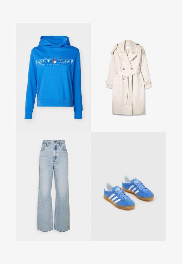 Trench coat beige doppiopetto con cintura, spalline con bottoni e polsini abbottonati, disteso su uno sfondo bianco.; Felpa blu in cotone con tasca a canguro frontale, polsini e orlo a coste. Presenta il logo "GANT 1949" in bianco sul petto.; Jeans a gamba larga in denim azzurro chiaro con vita alta, design classico a cinque tasche e cuciture a contrasto. Dettaglio con orlo grezzo sul fondo.; Scarpe sportive blu in suede con dettagli bianchi a strisce, suola in gomma e colletto imbottito per il comfort. Presentano un classico design con lacci.