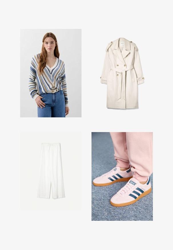 Beżowy płaszcz trench podwójnie zapinany na guziki z paskiem, zapinanymi ramiączkami i mankietami na guziki, ułożony na białym tle.; Sweter w paski z dekoltem w serek w odcieniach beżu, niebieskiego i białego, o luźnym kroju i ściągaczach na rękawach. Noszony z jasnoniebieskimi dżinsami i białym paskiem.; Białe spodnie szerokie w nogawkach z regulowanym paskiem w talii, pokazane na jednolitym tle, podkreślające ich luźny styl i fakturę materiału.; Jasnoróżowe zamszowe sneakersy z ciemnoniebieskimi skórzanymi paskami i gumową podeszwą. Cechy to płaskie sznurowadła oraz logo na boku i języku.