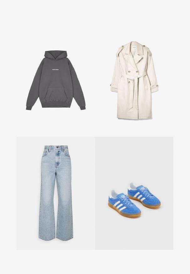 Trench coat beige doppiopetto con cintura, spalline con bottoni e polsini abbottonati, disteso su uno sfondo bianco.; Pegador CLARITA - Felpa - washed deep grey/white gum; Jeans a gamba larga in denim azzurro chiaro con vita alta, design classico a cinque tasche e cuciture a contrasto. Dettaglio con orlo grezzo sul fondo.; Scarpe sportive blu in suede con dettagli bianchi a strisce, suola in gomma e colletto imbottito per il comfort. Presentano un classico design con lacci.