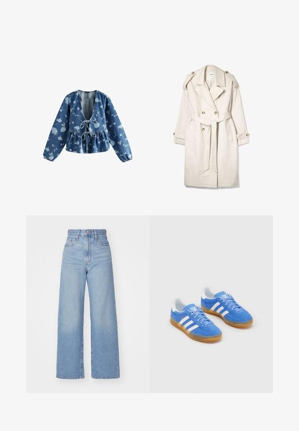 Beige Doppelreiher-Trenchcoat mit einem Gürtel, geknöpften Schulterriemen und geknöpften Manschetten, auf einem weißen Hintergrund flach ausgelegt.; Jeansbluse mit tiefem V-Ausschnitt und Kordelzug vorne, mit einem Peplum-Taille und floralem Muster in hellblau auf einem dunkelblauen Hintergrund.; Hellblaue High-Waist-Weite-Leg-Jeans mit Knopf- und Reißverschluss vorne, Vorder- und Rückentaschen, auf weißem Hintergrund.; Blaue Wildleder-Sportschuhe mit weißen Streifenakzenten, Gummisohle und gepolsterter Kragen für Komfort. Verfügt über ein klassisches Schnürdesign.