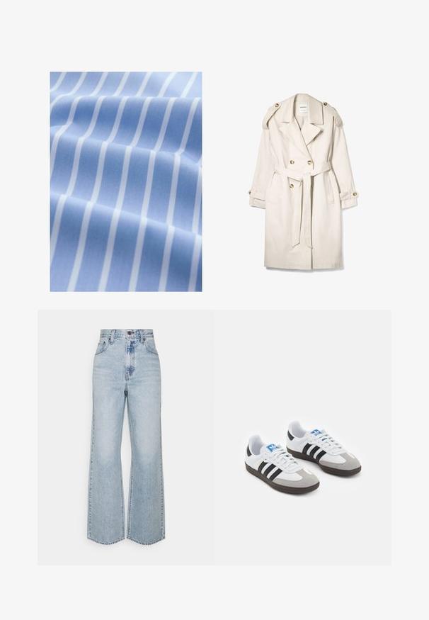 Trench coat beige doppiopetto con cintura, spalline con bottoni e polsini abbottonati, disteso su uno sfondo bianco.; Tessuto azzurro chiaro con strisce verticali bianche, texture liscia e finitura leggermente lucida, piegato per mostrare profondità e dettagli del motivo.; Jeans a gamba larga in denim azzurro chiaro con vita alta, design classico a cinque tasche e cuciture a contrasto. Dettaglio con orlo grezzo sul fondo.; Scarpe sportive con tomaia in pelle bianca, punta in suede grigia e tre strisce nere. Presentano un logo blu sulla linguetta e una suola in gomma testurizzata.