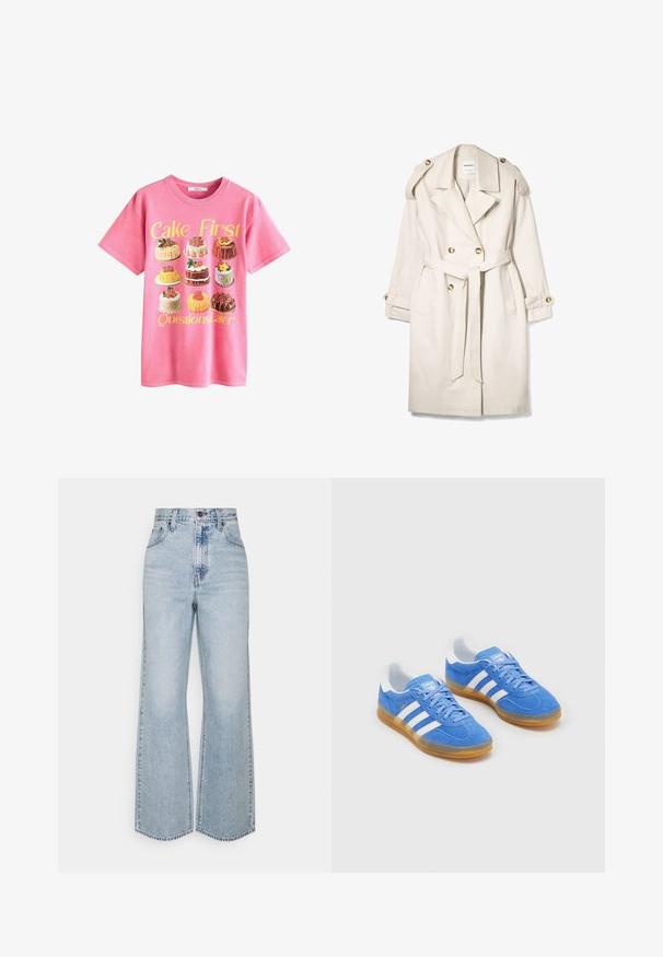 Beige double-breasted trench coat with a belt, buttoned shoulder straps, and buttoned cuffs, laid flat on a white background.; Pink cotton t-shirt featuring an illustration of various cakes, with the text “Cake First Questions Later” in yellow above.; Light blue denim wide-leg jeans featuring a high waist, classic five-pocket design, and contrasting stitching. Raw hem detail at the bottom.; Blue suede sports shoes with white striped accents, rubber sole, and padded collar for comfort. Features classic lace-up design.