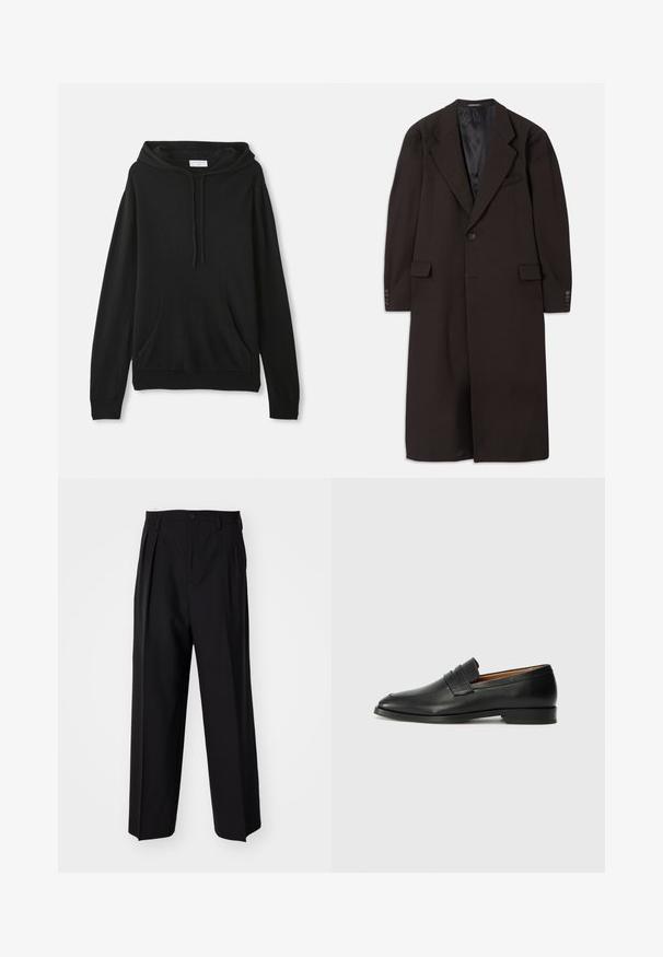 Lange bruine jas met een reverskraag, sluiting met één knoop en zijzakken. Heeft een gladde binnenvoering en nauwsluitende mouwen met knoopaccenten.; Zwarte hoodie van zacht materiaal; heeft een kangoeroe-pzak aan de voorkant, een capuchon met trekkoord, lange mouwen en een geribde tailleband en manchetten.; Zwarte geplooide broeken met een rechte, brede pijpontwerp. Gemaakt van soepele stof, met een knoopsluiting en riemlussen.; Zwarte leren instapper met een ronde neus, subtiele stikdetails en een lage hak, met een gladde textuur en een minimalistisch ontwerp.