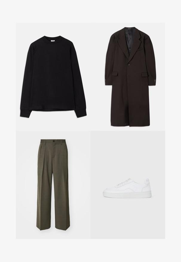 Pikk pruun mantel, millel on krae, üksik nööbid ja küljetaskud. Omab siledat voodrit ning kohandatud varrukaid nööbikujundustega.; Must must pikkade varrukatega T-särk, mis on valmistatud pehmest puuvillast. Omab ümarat kaelust, laia vormi ja soonikkoes manšette. Ei ole nähtavaid mustreid ega logosid.; Filippa K WIDE TROUSERS - Püksid - driftwood; Valge madalate tossude paar, millel on paelad ees, siledast materjalist ülemine osa ja kummist tallad, asetatud selgele heledale taustale.
