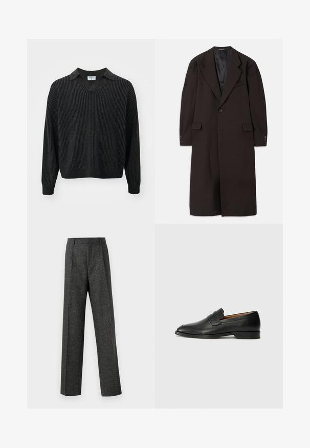 Lange bruine jas met een reverskraag, sluiting met één knoop en zijzakken. Heeft een gladde binnenvoering en nauwsluitende mouwen met knoopaccenten.; Filippa K Trui - mocha/navy; Grijze op maat gemaakte broek van gestructureerde stof, met twee voorplooien en een rechte pijp. Geen zichtbare zakken of versieringen.; Zwarte leren instapper met een ronde neus, subtiele stikdetails en een lage hak, met een gladde textuur en een minimalistisch ontwerp.