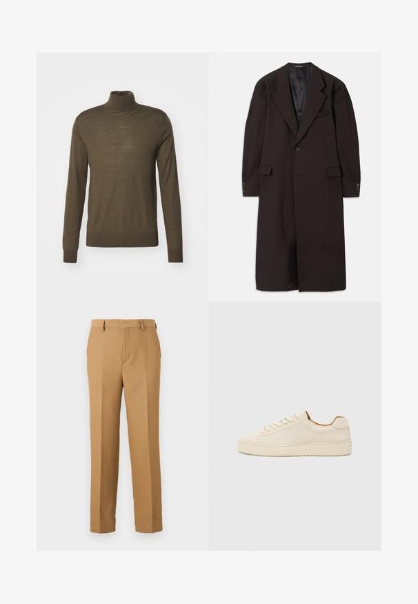 Μακριά καφέ παλτό με γαζωτό γιακά, κλείσιμο με έναν μόνο κουμπί και πλευρικές τσέπες. Διαθέτει λείο εσωτερικό επένδυση και ραμμένα μανίκια με κουμπιά.; Tiger of Sweden NEVILE - Πουλόβερ - october sage; Μπεζ παντελόνι από υφαντό ύφασμα, με ίσια γραμμή, επίπεδο μπροστινό μέρος και βρόχους ζωνάκι. Λείο υφάδι χωρίς ορατά σχέδια.; Μπεζ σουέτ αθλητικά παπούτσια με χαμηλό σχέδιο, στρογγυλή μύτη, επίπεδα κορδόνια και υφή από καουτσούκ σόλα. Μινιμαλιστικό στυλ χωρίς ορατά λογότυπα.