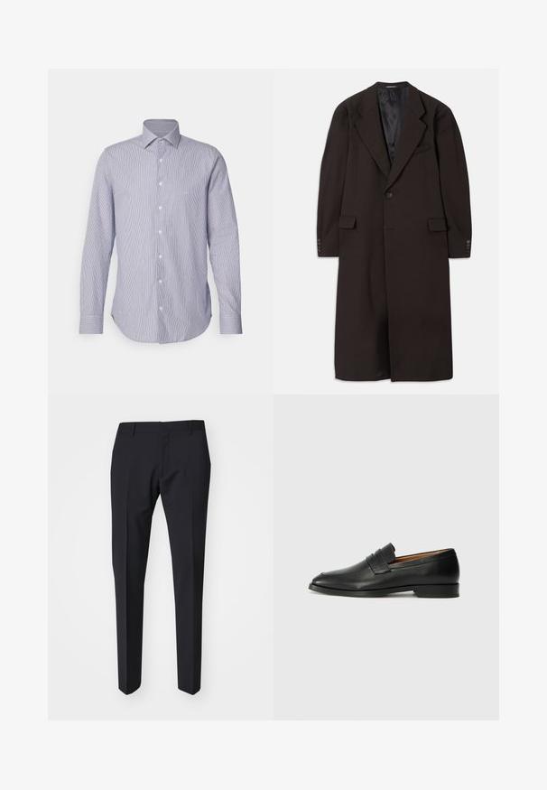 Pikk pruun mantel, millel on krae, üksik nööbid ja küljetaskud. Omab siledat voodrit ning kohandatud varrukaid nööbikujundustega.; Hele sinine ja valge triibuline pikkade varrukatega särk, millel on nööpidega kaelus, esitaskud ja kumer äär. Pehme kangast tekstuur.; Tumed tumesinine püksid slim fit stiilis. Valmistatud siledast, tekstuuriga kangast, millel on lame esiosa, vööaasad ja küljetaskud.; Must musta loafers ümarate varvastega, peene tikandiga ja madala kontsaga, millel on sile tekstuur ja minimalistlik disain.