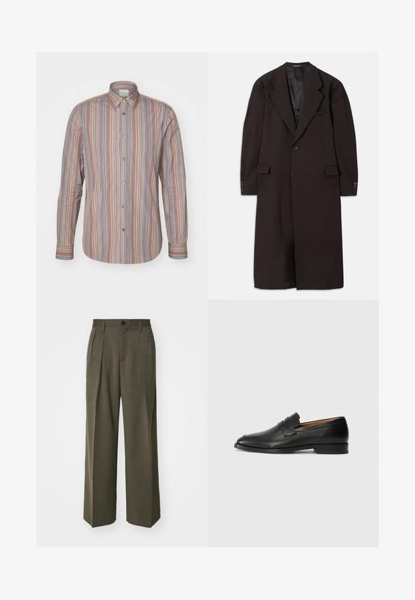 Lange bruine jas met een reverskraag, sluiting met één knoop en zijzakken. Heeft een gladde binnenvoering en nauwsluitende mouwen met knoopaccenten.; Gestreept overhemd met verticale lijnen in verschillende kleuren. Lange mouwen, een klassieke kraag en een gladde stoftextuur.; Filippa K WIDE TROUSERS - Broek - driftwood; Zwarte leren instapper met een ronde neus, subtiele stikdetails en een lage hak, met een gladde textuur en een minimalistisch ontwerp.