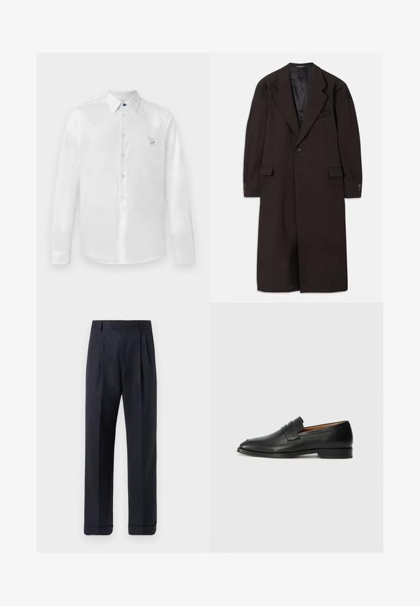 Dlouhý hnědý kabát s límcovými klopy, zapínáním na jeden knoflík a bočními kapsami. Má hladkou podšívku a přizpůsobené rukávy s akcenty knoflíků.; Bílá košile s dlouhým rukávem z hladkého materiálu, která má modré knoflíky a malý vyšitý vzor na levé straně. Zapínání na knoflíky a límeček.; Tiger of Sweden TREYTON - Kalhoty - dark ink; Černé kožené mokasíny s kulatou špičkou, jemným prošíváním a nízkým podpatkem, s hladkým povrchem a minimalistickým designem.