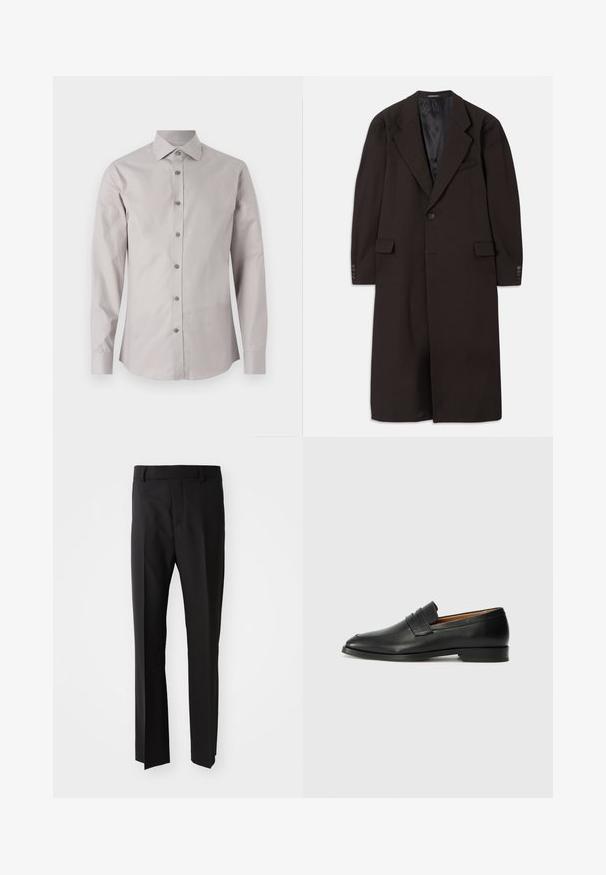 Pitkä ruskea takki, jossa on kauluskollaari, yksi napitus ja sivutaskut. Takissa on sileä vuori ja muotoillut hihat nappikoristeilla.; Vaaleanharmaa nappikauluspaita, jossa on klassinen kaulus, pitkät hihat ja samanväriset harmaat napit. Sujuva kangas ja hyvin istuva malli.; Mustat suorat housut, jotka on valmistettu sileästä kankaasta, vyötäröllä vöiden kiinnityssilmukoita ja sivutaskuja. Ei näkyviä kuvioita tai yksityiskohtia.; Musta nahkainen loafer, jossa on pyöreä kärki, hienovarainen ommelkoristelu ja matala korko, joka on varustettu sileällä pinnalla ja minimalistisella designilla.