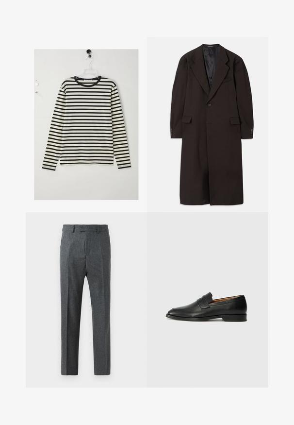 Hosszú barna kabát, hajtókás gallérral, egységes gombos záródással és oldalsó zsebekkel. Simább bélés jellemzi, valamint szabott ujjak gombdíszítéssel.; Hosszú ujjú póló vízszintes fekete-fehér csíkokkal, kerek nyakkivágással, puha anyagból készült, egyenes vonalvezetésű, oldalhasítékokkal az alján.; Szürke, finom kockás mintájú, testre szabott nadrág, egyenes lábdesignnal és sima anyagtextúrával. Övváltók és cipzáras nyitás található rajta.; Fekete bőr mokaszin, kerek orral, diszkrét varrásokkal és alacsony sarokkal, sima felülettel és minimalista dizájnnal.