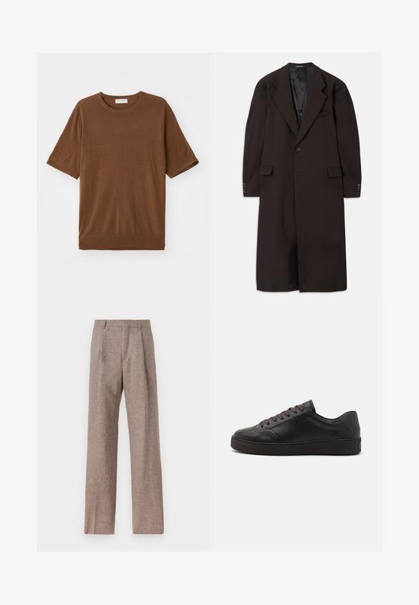 Dlhý hnedý kabát s klopovým golierom, zapínaním na jeden gombík a bočnými vreckami. Obsahuje hladkú podšívku a upravené rukávy s gombíkovými akcentmi.; Hnedé tričko s krátkym rukávom vyrobené z mäkkej látky, s okrúhlym výstrihom a mierne voľným strihom s rebrovaným lemom.; Hnedé, vysoké nohavice vyrobené z texturovanej látky. Majú široké nohavice a dva predné záhyby pre štruktúru. Úhľadné spracovanie bez viditeľného kovania.; Čierne kožené tenisky s okrúhlou špičkou, textúrovaným povrchom, hnedými šnúrkami a hrubou čiernou gumovou podrážkou. Minimalistický dizajn, bez viditeľných log.