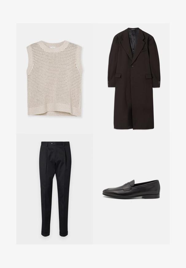 Lange bruine jas met een reverskraag, sluiting met één knoop en zijzakken. Heeft een gladde binnenvoering en nauwsluitende mouwen met knoopaccenten.; Gebreide mouwloze top in lichtbeige met open weefpatroon, ronde hals en geribbelde onderrand. Zachte textuur; casual ontwerp dat geschikt is voor layering.; Zwarte broek gemaakt van een gladde stof, met een plooi aan de voorkant, een knopen sluiting en opgerolde manchetten bij de enkels.; Zwarte leren herenloafers met een lage hak en een klassiek pennystrap-ontwerp, getoond in zijaanzicht op een witte achtergrond.