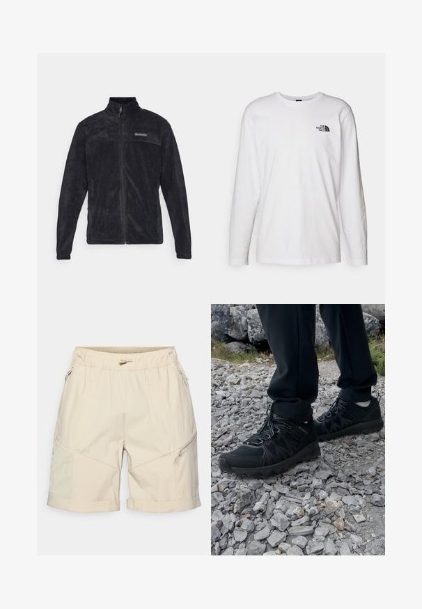 Černá fleecová bunda se zipovým zapínáním, vysokým límcem a částečným logem na hrudi. Hladká textura a dlouhé rukávy.; Bílý dlouhý rukáv tričko vyrobené z bavlny s kulatým výstřihem. Na hrudi se nachází malé černé logo. Hladká textura, běžný střih.; Beige šortky vyrobené z lehkého materiálu, s elastickým pasem, zipovými kapsami a s přehnutým lemem s kontrastními texturovanými panely.; Černé venkovní boty z prodyšného a syntetického materiálu, s texturovaným svrškem, bezpečným šněrovacím systémem a robustní podrážkou, na skalnatém terénu.
