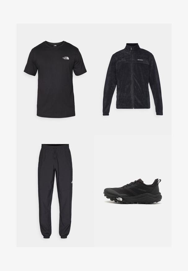 Čierna fleecová bunda so zipsom, vysokým golierom a čiastočným logom na hrudi. Hladká textúra a dlhé rukávy.; Čierne tričko s krátkym rukávom vyrobené z bavlny, s okrúhlym výstrihom a malým bielym logom na hornej ľavej strane hrude.; Čierne športové nohavice vyrobené z ľahkej tkaniny, s elastickým pásom na šnurovanie, bočnými vreckami a zúženými manžetami na členkoch.; Čierne trailové behacie topánky s štruktúrovaným zvrškom, gumovou podrážkou a vystuženou špičkou. Obsahuje polstrovaný golier a úchyt na jednoduché obúvanie.