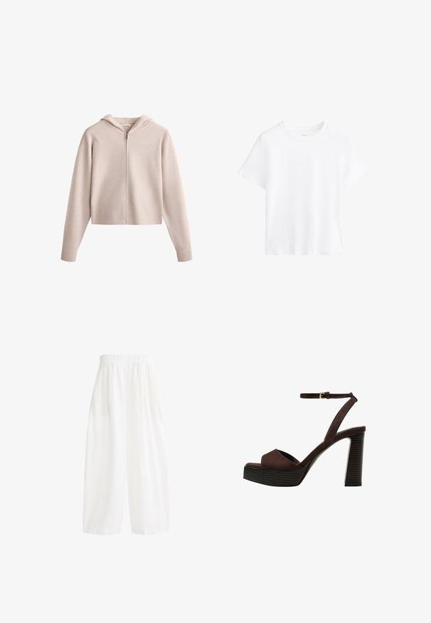 Világos bézs rövidített kapucnis pulóver, elülső cipzárral, hosszú ujjakkal, puha tapintással és kapucnival. Egyszerű dizájn, látható minták vagy díszítések nélkül.; Fehér pamut póló, rövid ujjú, kerek nyakkivágású, laza szabású, sima textúrájú, minták és díszítések nélkül, egyszerű dizájn, sokoldalú stílus.; Fehér, magas derekú, bő szárú nadrág rugalmas derékrésszel és puha, textúrált anyagból. A dizájn redőkkel van kiegészítve az extra térfogat érdekében.; Barna velúr magassarkú szandál nyitott orral, állítható bokapánttal és csíkozott platformtalppal.