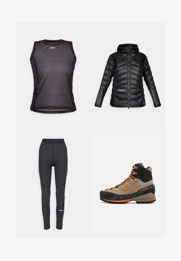 Černá prošívaná bunda s kapucí, vyrobená z lehkého materiálu, s prošívanými částmi, předním zipem a logem "MAMMUT" na lemu a rameni.; Černá sportovní bunda s kapucí, vybavená zipovými kapsami a strukturovanou částí na rukávech. Logo na přední straně a na rukávu. Materiál navržený pro flexibilitu.; Černé bezrukávové sportovní tričko s síťovaným designem, s kulatým výstřihem a logem POC. Tkanina vypadá lehce a prodyšně.; Černé sportovní legíny s texturovanými panely a zesíleným švem, se značkovým logem a širokým elastickým pasem.; Beige a černé vysoké turistické boty s oranžovými tkaničkami, gumovým špičkovým krytem, texturovaným svrškem a robustní podrážkou. Obsahují zesílenou podporu pro kotník.