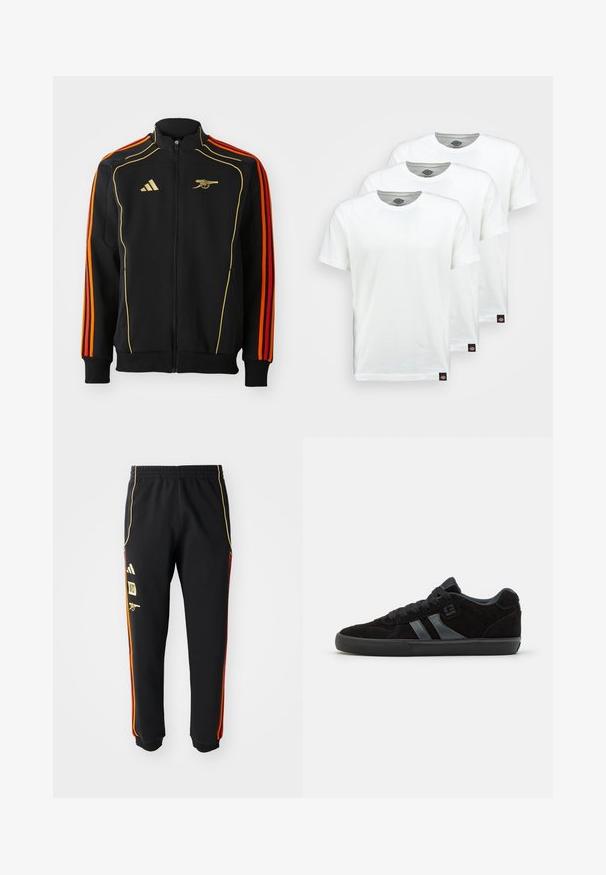 Svart zipjacka med guld- och orange accenter. Har tre orange ränder på ärmarna och en logotyp på bröstet. Tillverkad av mjukt material.; Tre enkla vita bomull t-shirts med kort ärm. Varje tröja har en rund halsringning och en liten svart logotag på vänster sida.; Svarta träningsbyxor med elastisk midja, guld- och röda sidostrepper samt gula logotyper på vänster lår.; Svarta mockaskate-skor med mörka gummisulor, utrustade med grå sidostrecker och matchande snören, designade för komfort och hållbarhet.