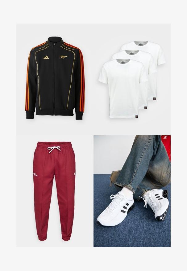 Černá zipová bunda se zlatými a oranžovými akcenty. Má tři oranžové pruhy na rukávech a logo na hrudi. Vyrobena z měkké tkaniny.; Tři jednoduché bílé bavlněné trička s krátkým rukávem. Každé tričko má kulatý výstřih a malou černou štítkovou nášivku na levé straně.; Červené tepláky s elastickým pasem a bílým stahovacím šňůrkou, s vyšitými logy na stehně a zúženým střihem nohavic.; Bílé síťované sportovní boty s černými detaily, s texturovaným designem a výraznou podrážkou, spárované s modrými džínami.
