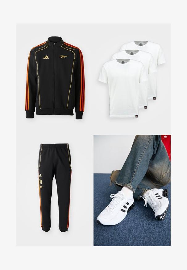 Black zip-up jacket with gold and orange accents. Features three orange stripes on sleeves and a logo on the chest. Made from soft fabric.; Three plain white cotton t-shirts with short sleeves. Each shirt features a round neckline and a small black logo tag on the left side.; Black athletic pants with elastic waist, gold and red side stripes, and yellow logos on the left thigh.; White mesh athletic shoes with black accents, featuring a textured design and distinctive sole, paired with blue denim jeans.