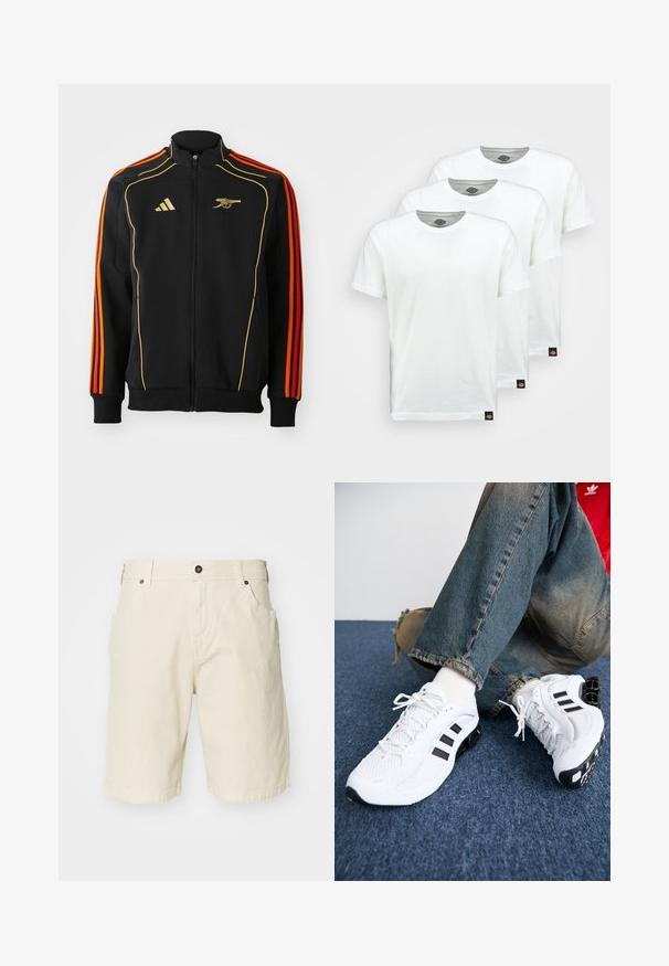 Black zip-up jacket with gold and orange accents. Features three orange stripes on sleeves and a logo on the chest. Made from soft fabric.; Three plain white cotton t-shirts with short sleeves. Each shirt features a round neckline and a small black logo tag on the left side.; Beige cotton shorts with a straight cut, featuring a zipper fly, front pockets, and stitched hem. Smooth texture and minimalistic design.; White mesh athletic shoes with black accents, featuring a textured design and distinctive sole, paired with blue denim jeans.