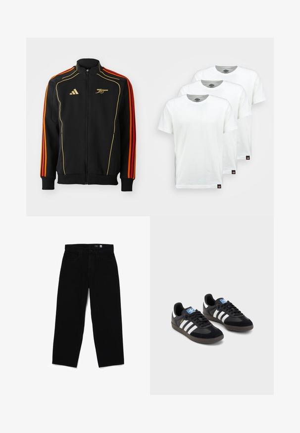 Sort zip-up jakke med guld- og orange detaljer. Har tre orange striber på ærmerne og et logo på brystet. Fremstillet af blødt stof.; Tre ensfarvede hvide bomulds t-shirts med korte ærmer. Hver shirt har en rund halsudskæring og et lille sort logo mærke på venstre side.; Sort denim lige ben jeans med knaplukning, fem lommer og en glat tekstur. Mærke synligt indeni taljebåndet, der viser størrelse 32.; Sorte sneakers med en overdel i ruskind og syntetisk materiale, med tre hvide striber, struktureret gummisål og en blå logoetiket på tungen.