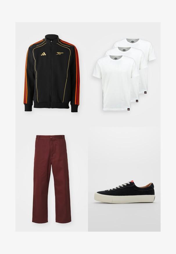 Veste zippée noire avec des accents dorés et oranges. Présente trois rayures oranges sur les manches et un logo sur la poitrine. Fabriquée en tissu doux.; Trois t-shirts en coton blanc uni à manches courtes. Chaque t-shirt présente un col rond et une petite étiquette de logo noire sur le côté gauche.; Pantalons bordeaux à jambes droites en tissu lisse; dotés d'une fermeture à bouton et d'une poche avant. Design simple avec des accents de couture.; Baskets en tissu noir avec lacets blancs, semelle en caoutchouc beige et accent rouge au talon. Bout arrondi et détails de couture minimes.