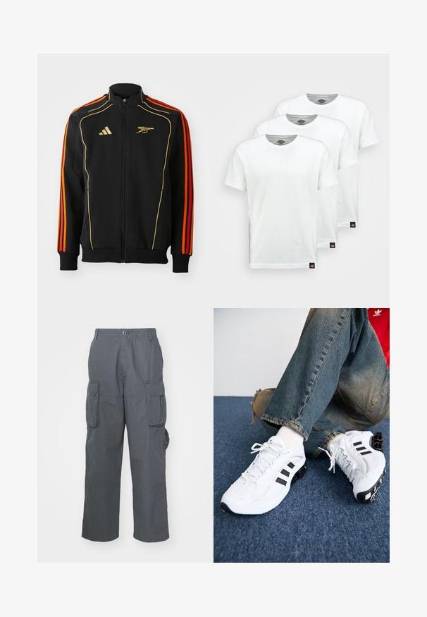 Black zip-up jacket with gold and orange accents. Features three orange stripes on sleeves and a logo on the chest. Made from soft fabric.; Three plain white cotton t-shirts with short sleeves. Each shirt features a round neckline and a small black logo tag on the left side.; Cargo pants in dark gray fabric; features multiple side pockets, a relaxed fit, and a button closure at the waistband.; White mesh athletic shoes with black accents, featuring a textured design and distinctive sole, paired with blue denim jeans.