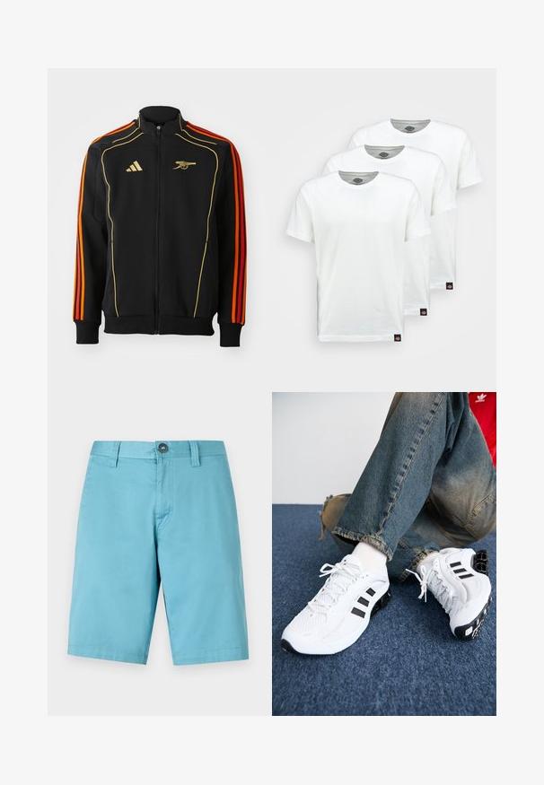 Svart zipjacka med guld- och orange accenter. Har tre orange ränder på ärmarna och en logotyp på bröstet. Tillverkad av mjukt material.; Tre enkla vita bomull t-shirts med kort ärm. Varje tröja har en rund halsringning och en liten svart logotag på vänster sida.; Ljusblå shorts i ett smidigt tyg. Har en knäppning med knapp och bälteshällor, med en rak skärning som går ner till knät.; Vita mesh träningsskor med svarta detaljer, med en texturerad design och en distinkt sula, i kombination med blå denimjeans.