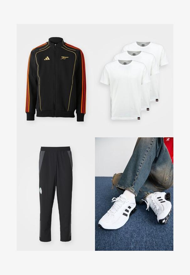 Zwarte ritsjack met gouden en oranje accenten. Bevat drie oranje strepen op de mouwen en een logo op de borst. Gemaakt van zachte stof.; Drie eenvoudige witte katoenen T-shirts met korte mouwen. Elk shirt heeft een ronde halslijn en een klein zwart logo-label aan de linkerkant.; Zwarte sportbroek met een elastische tailleband, grijze zijpanelen, reflecterende strepen en een klein logo aan de voorkant. Het materiaal lijkt lichtgewicht te zijn.; Witte mesh sport schoenen met zwarte accenten, voorzien van een textuurontwerp en een onderscheidende zool, gecombineerd met blauwe spijkerbroeken.