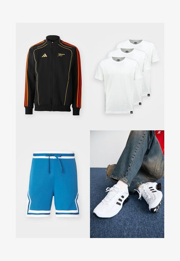 Crna zip jakna s zlatnim i narančastim detaljima. Ima tri narančaste pruge na rukavima i logo na prsima. Izrađena je od mekog materijala.; Tri obične bijele pamučne majice kratkih rukava. Svaka majica ima okrugli izrez i malu crnu oznaku s logom sa lijeve strane.; Jordan DIAMOND SHORT - Sportske kratke hlače - blue/white; Bijele mrežaste atletske cipele s crnim akcentima, s teksturiranim dizajnom i prepoznatljivom petom, u kombinaciji s plavim trapericama.