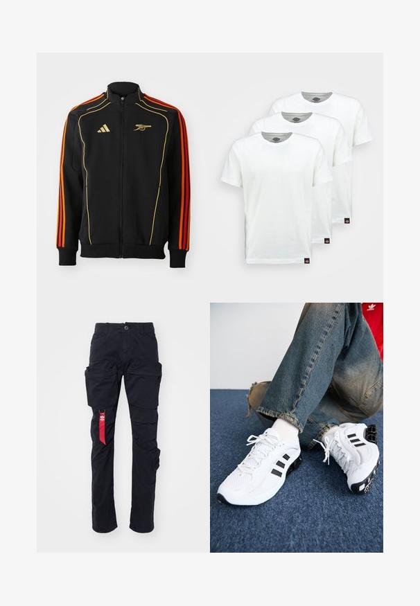 Zwarte ritsjack met gouden en oranje accenten. Bevat drie oranje strepen op de mouwen en een logo op de borst. Gemaakt van zachte stof.; Drie eenvoudige witte katoenen T-shirts met korte mouwen. Elk shirt heeft een ronde halslijn en een klein zwart logo-label aan de linkerkant.; Zwarte cargobroek met meerdere zijzakken, een riemlus en een rode stoffen label aan de linkerkant. Gemaakt van duurzaam katoen.; Witte mesh sport schoenen met zwarte accenten, voorzien van een textuurontwerp en een onderscheidende zool, gecombineerd met blauwe spijkerbroeken.
