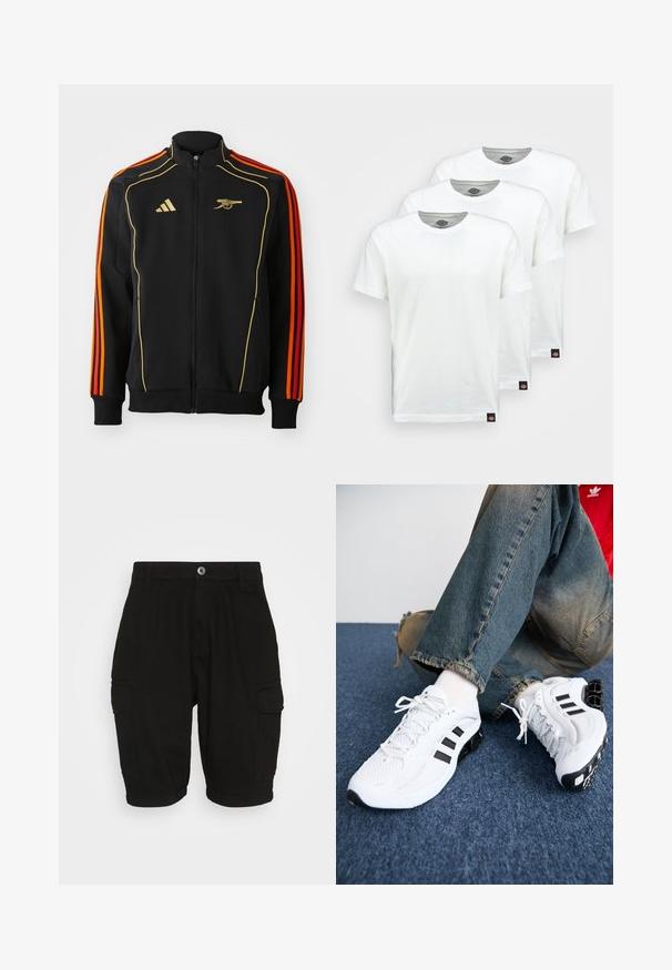 Čierna bunda na zips s zlatými a oranžovými akcentmi. Obsahuje tri oranžové pruhy na rukávoch a logo na hrudi. Vyrobená z mäkkej tkaniny.; Tri obyčajné biele bavlnené tričká s krátkym rukávom. Každé tričko má okrúhly výstrih a malú čiernu nálepku s logom na ľavej strane.; Čierne cargo šortky z bavlny so štandardným strihom, obsahujúce dve bočné vrecká a zapínanie na gombík vpredu.; Biele sieťované športové topánky s čiernymi akcentmi, ktoré majú textúrovaný dizajn a charakteristickú podrážku, v kombinácii s modrými džínsami.