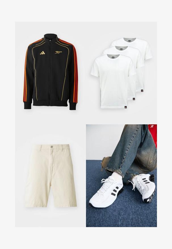 Schwarze Zip-up-Jacke mit goldenen und orangenen Akzenten. Verfügt über drei orangefarbene Streifen an den Ärmeln und ein Logo auf der Brust. Hergestellt aus weichem Stoff.; Drei schlichte weiße Baumwoll-T-Shirts mit kurzen Ärmeln. Jedes Shirt hat einen runden Ausschnitt und ein kleines schwarzes Logotipo auf der linken Seite.; Beige Baumwollkurze mit geradem Schnitt, Knopf- und Reißverschluss, zwei Fronttaschen und einfarbigem Material. Keine sichtbaren Muster oder Akzente.; Weiße Mesh-Sportschuhe mit schwarzen Akzenten, die ein strukturiertes Design und eine markante Sohle aufweisen, kombiniert mit blauen Jeans.