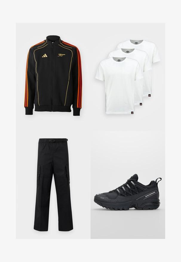 Zwarte ritsjack met gouden en oranje accenten. Bevat drie oranje strepen op de mouwen en een logo op de borst. Gemaakt van zachte stof.; Drie eenvoudige witte katoenen T-shirts met korte mouwen. Elk shirt heeft een ronde halslijn en een klein zwart logo-label aan de linkerkant.; Zwarte cargobroek met een wijde pasvorm, een verstelbare tailleband met een gesp en twee zijzakken voor opslag. Lichtgewicht stof.; Zwarte sportieve schoenen met een bovenwerk van mesh, rubberen buitenzool en reflecterende accenten. Voorzien van een gevoerde zool en een vetersluiting.