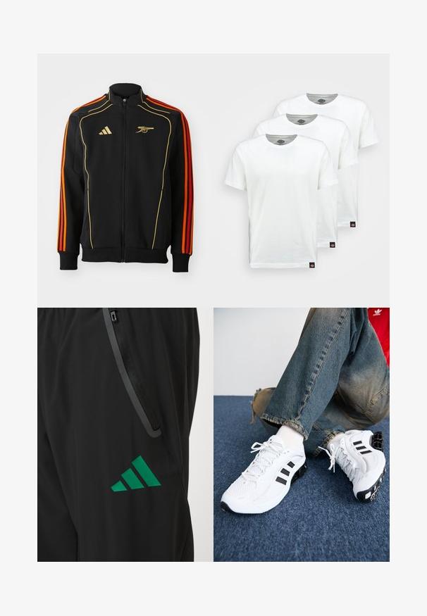 Schwarze Zip-up-Jacke mit goldenen und orangenen Akzenten. Verfügt über drei orangefarbene Streifen an den Ärmeln und ein Logo auf der Brust. Hergestellt aus weichem Stoff.; Drei schlichte weiße Baumwoll-T-Shirts mit kurzen Ärmeln. Jedes Shirt hat einen runden Ausschnitt und ein kleines schwarzes Logotipo auf der linken Seite.; Schwarze Sporthosen aus glattem Stoff, verziert mit einem grünen Adidas-Logo und einer Reißverschlusstasche mit kontrastierendem Besatz.; Weiße Mesh-Sportschuhe mit schwarzen Akzenten, die ein strukturiertes Design und eine markante Sohle aufweisen, kombiniert mit blauen Jeans.